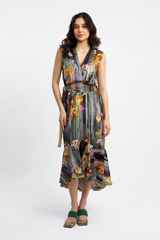 Floral Desenli İpek Volanlı Elbise