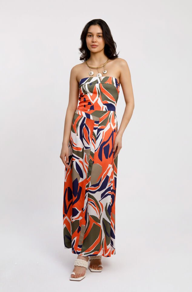 Geometrik Desenli Straplez Maxi Elbise