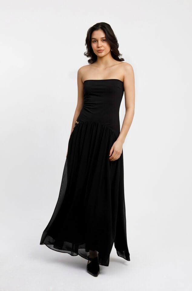 Straplez Maxi Siyah Elbise