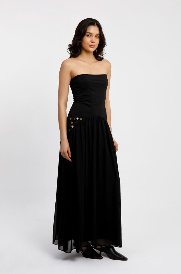 Straplez Maxi Siyah Elbise