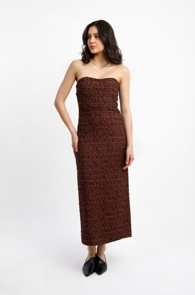 Straplez Dokulu Buklet Maxi Elbise